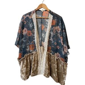 Tru Self Kimono XL Sheer Floral Print Velvet Trim Open Front Cardigan